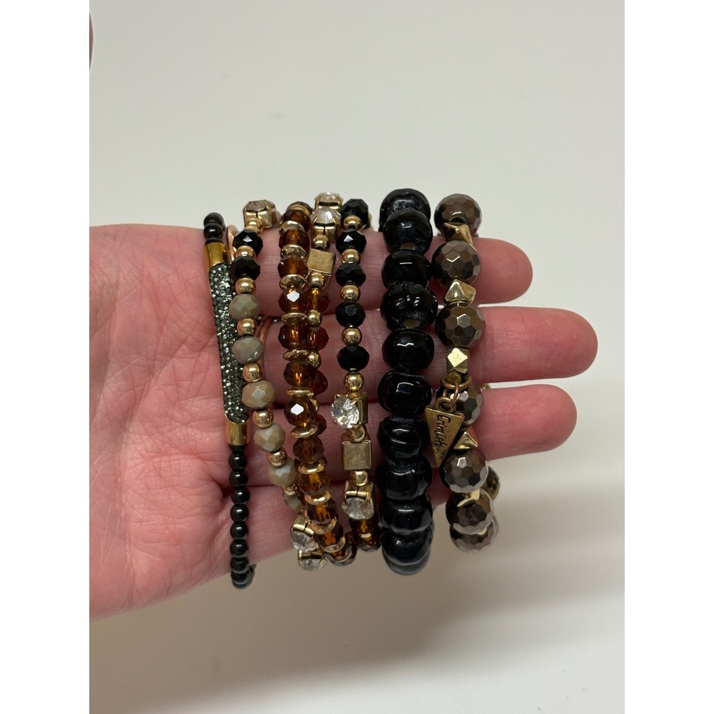 Limish 4pc Beaded Bracelet Set Gold Black Amber Wrap Stretch Pave Bar